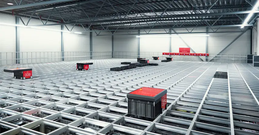 Red AutoStore robots moving on metal grid
