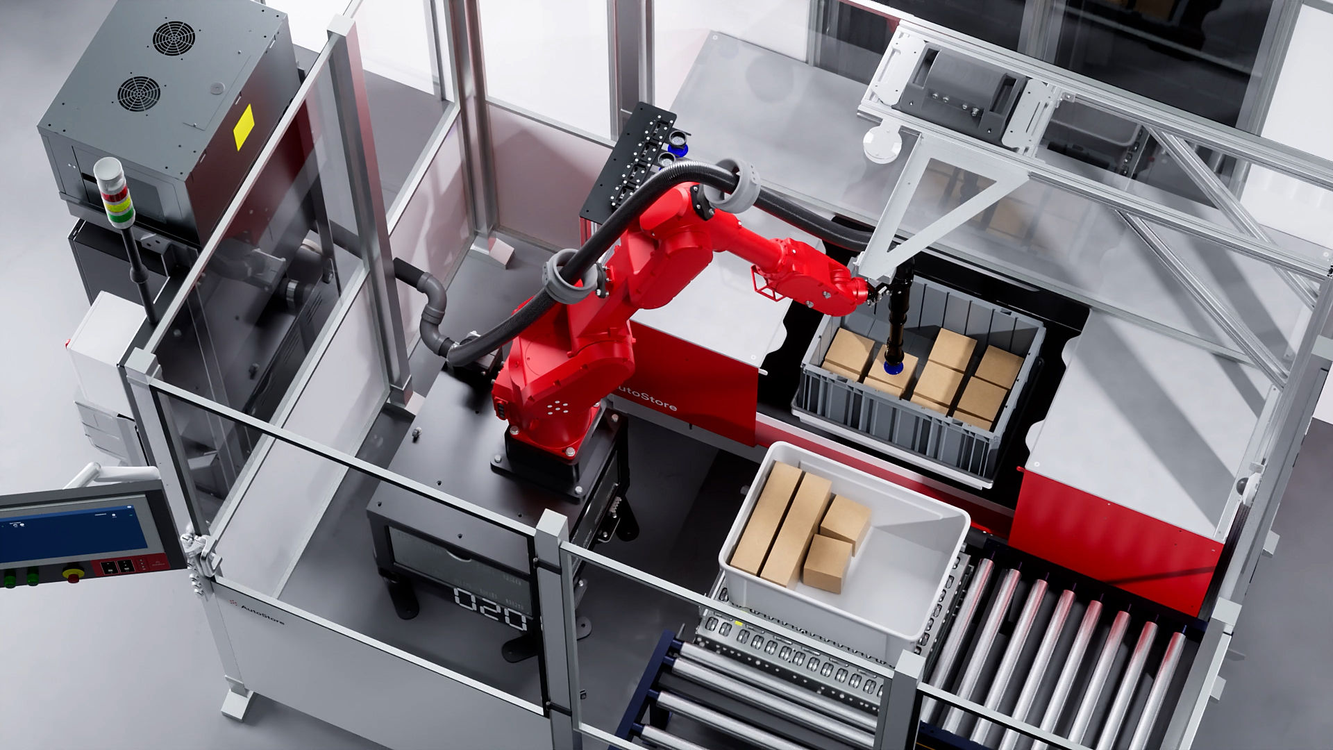 港でAutoStoreのビンから箱をピッキングする赤いロボットアーム