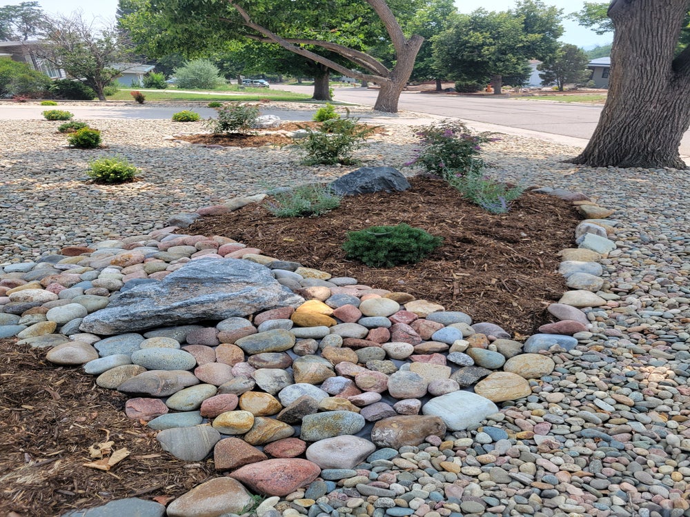 Rock garden landscaping with mulch, stones, and newly planted shrubs.