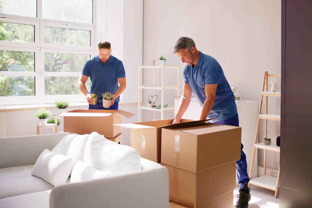 Movers packing items into boxes in a bright modern room with large windows, ensuring a stress-free moving experience.