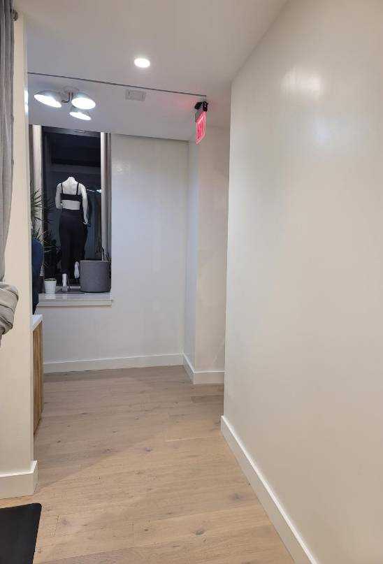 Freshly painted white interior corridor with wooden floors and ceiling lights