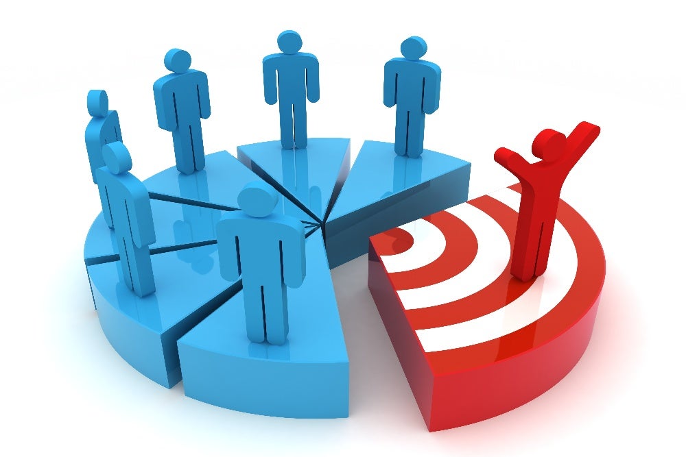 Segmented pie chart with blue and red figures representing target audience research.