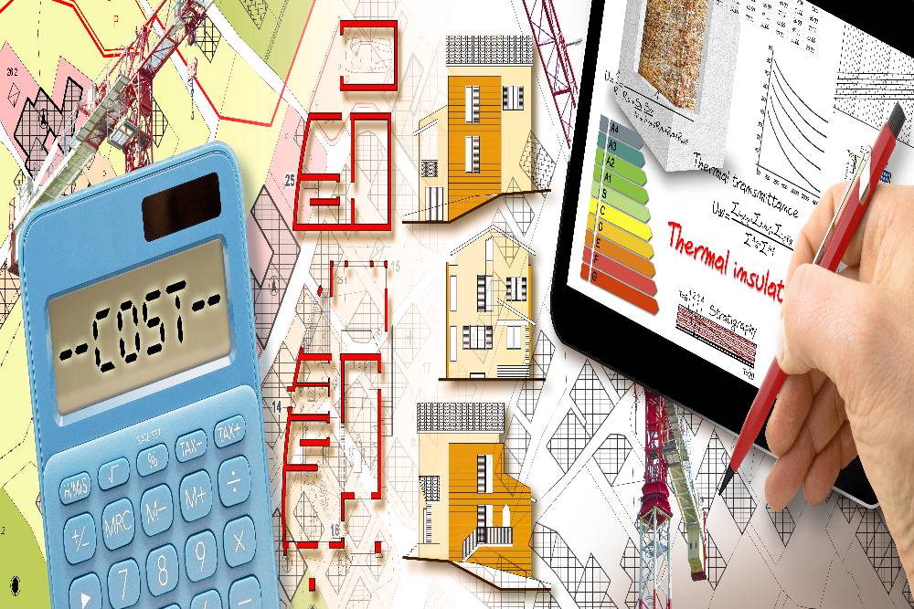 Detailed cost estimation with a calculator, house plans, and thermal insulation calculations for home improvement projects.