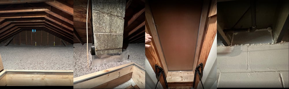 Professional insulation work in progress at a Milwaukee home, showing attic insulation, bathroom exhaust fan installation, and basement rim seal.