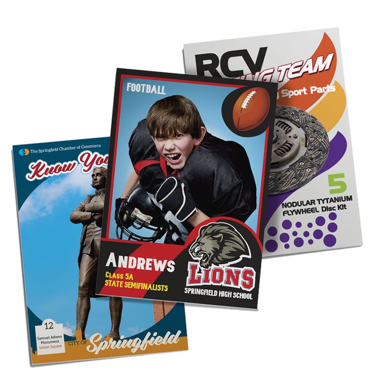 A collection of customized sports trading cards and promotional print materials