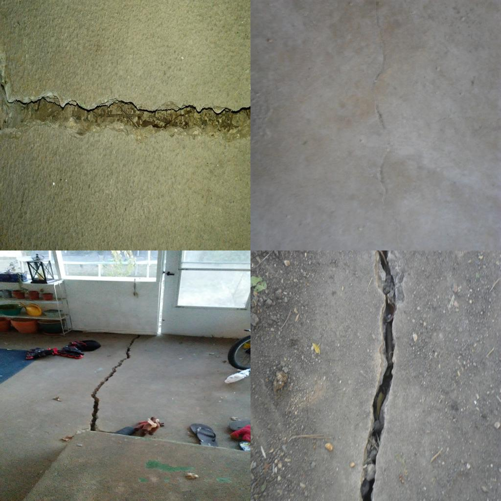 Image collage displaying multiple views of severe foundation cracks requiring professional assessment for structural integrity and repair services to ensure safety and stability.