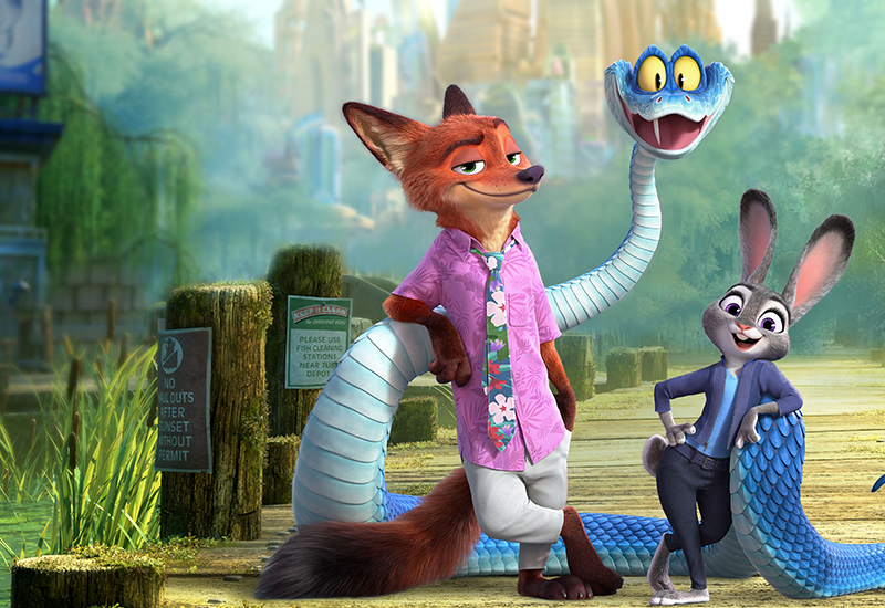 a group of characters (Nick Wilde, Judy Hopps, and Gary De'Snake) from the animated Disney movie Zootopia