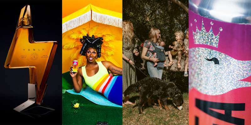 Images of collaborations: Tesla Tequila bottle, Shea Couleé Beer, and Floral Ergobaby Carrier 