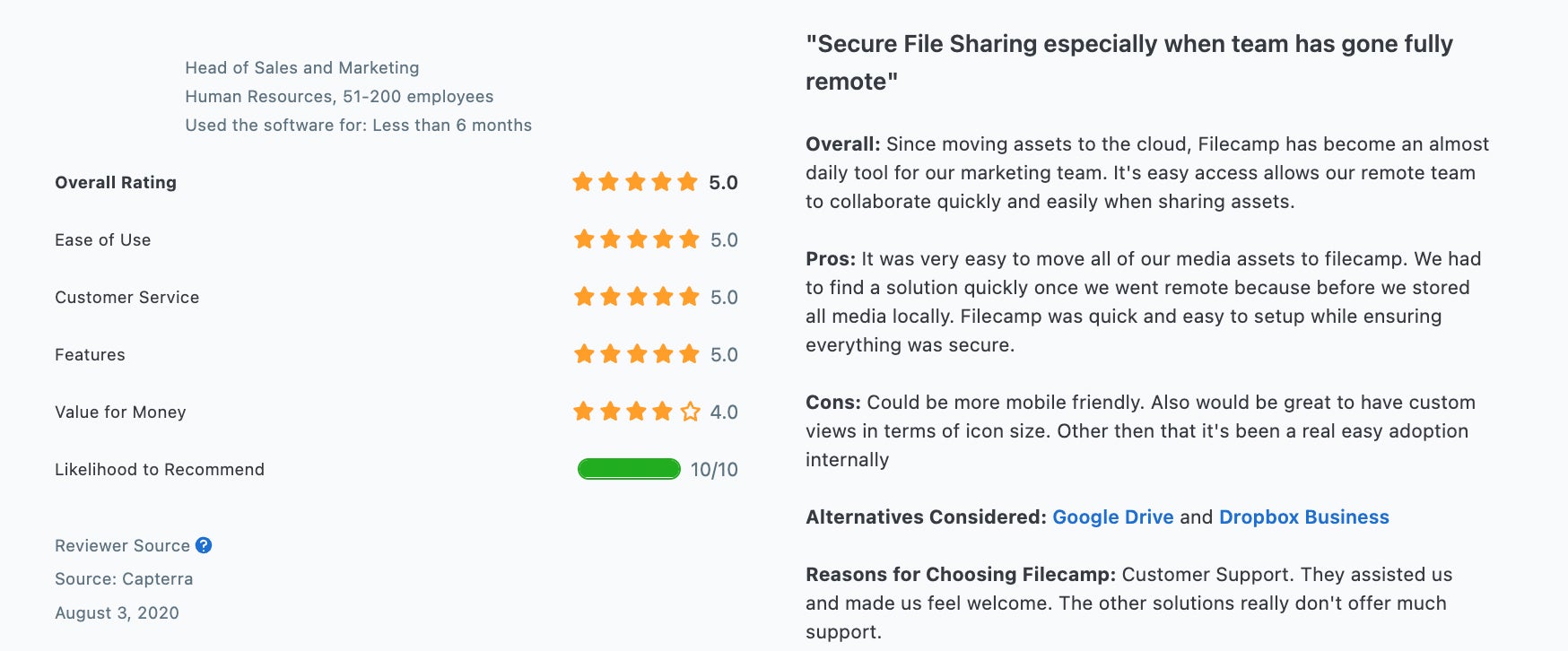 Filecamp Capterra Review