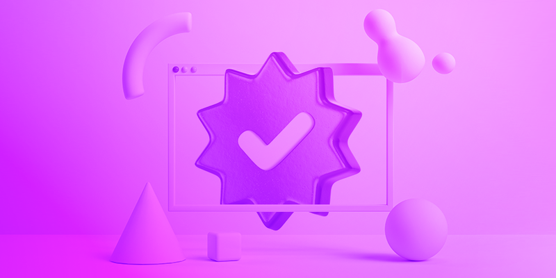 Purple gradient with computer window surrounded by 3D geometric shapes. Inside computer window is a checkmark.