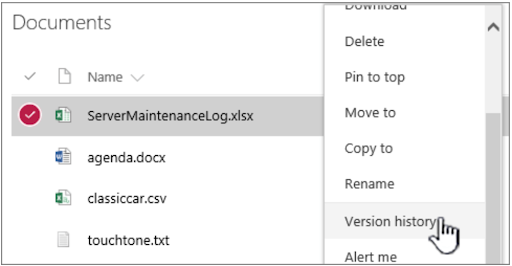 View of Sharepoint version history drop down