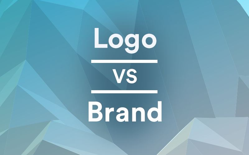Word 'Logos vs Brand' on a teal, geometric background