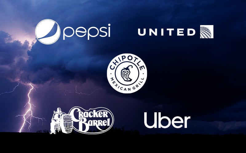white logos for Pepsi, United, Chipotle, Cracker Barrel and Uber with a lightning storm in the background