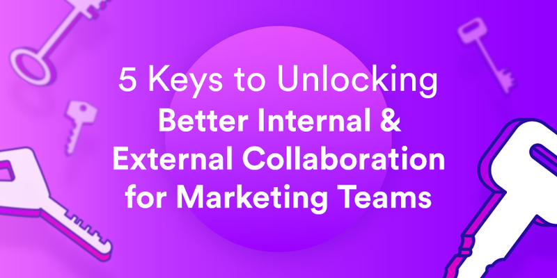 Purple gradient background with key graphics scattered throughout, overlaid text reads '5 keys to unlocking better internal and external collaboration for marketing teams'