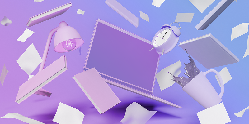 Notebooks, laptop, alarm clock, coffee cup, lamp and papers floating around in the air.