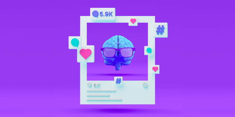 An instagram post featuring a 3D brain wearing glasses. Instagram post is surrounded by hashtags, comments, and hearts.
