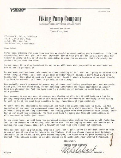 Letter from Viking Pump Company post-war