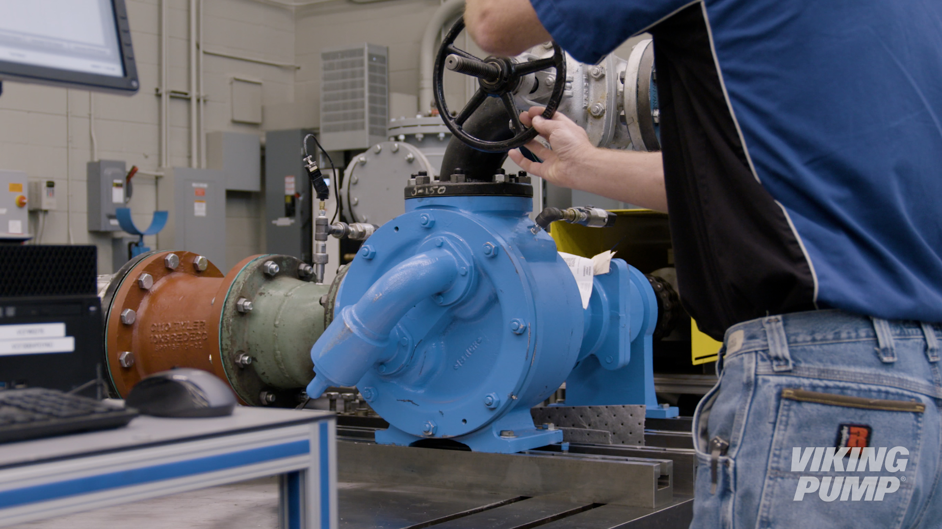 A performance test is being performed on a Viking pump using on of the nine dynamometers