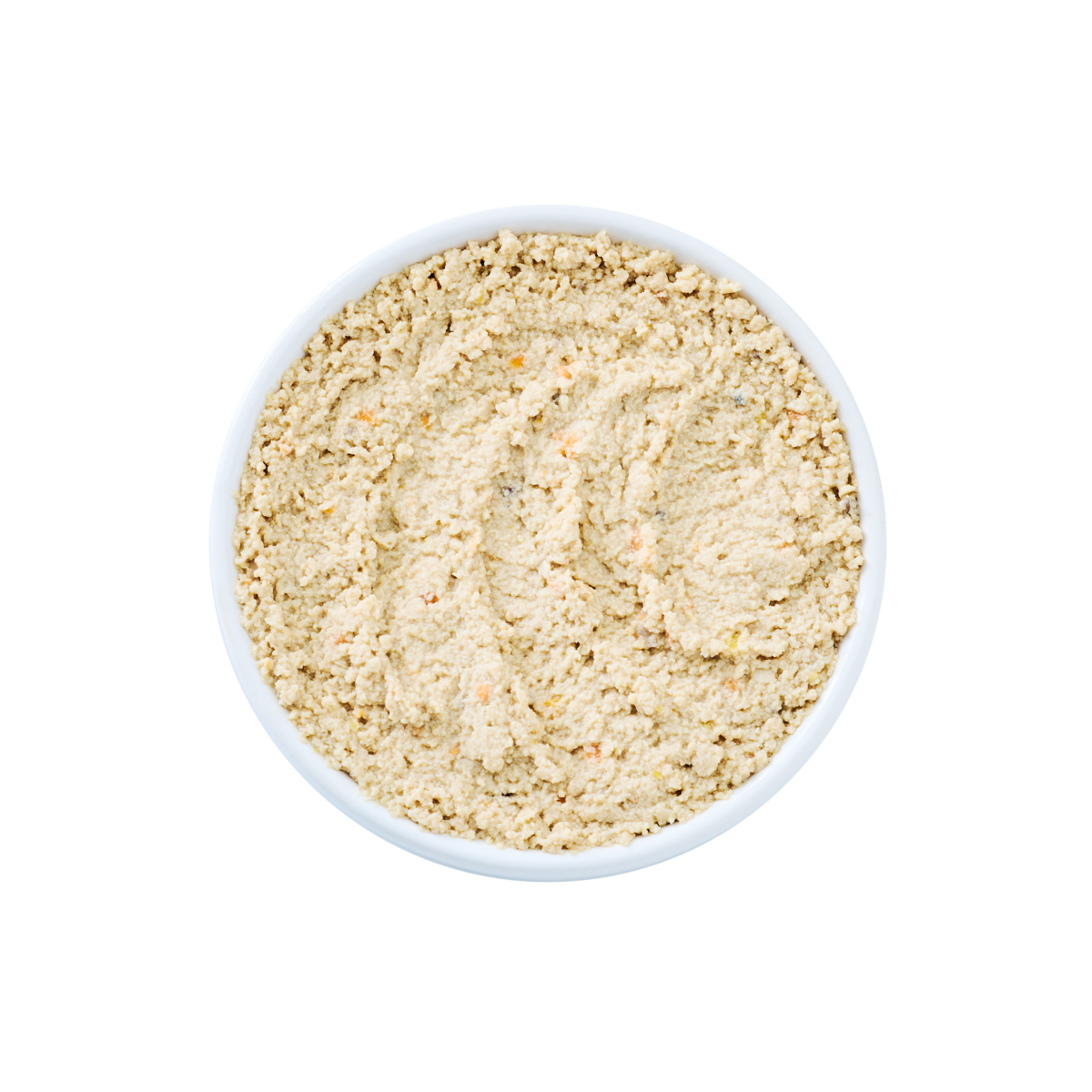 Top view of a white bowl filled with wild salmon cat food paté, showing a smooth, creamy texture with subtle visible flecks on a clean white background.