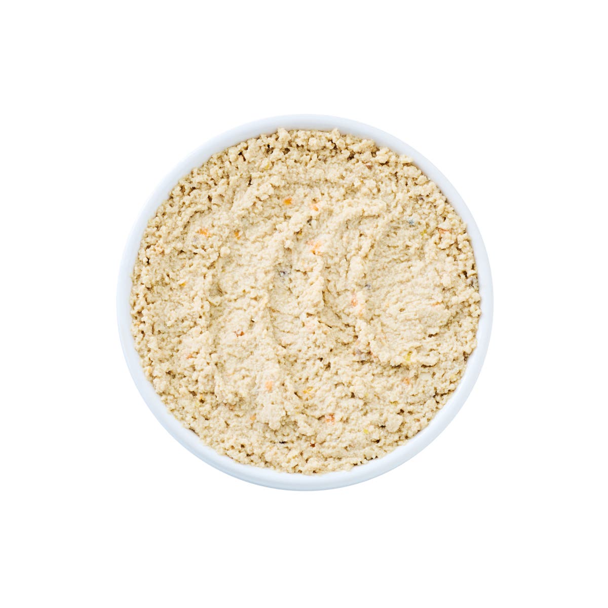 Top view of a white bowl filled with wild salmon cat food paté, showing a smooth, creamy texture with subtle visible flecks on a clean white background.