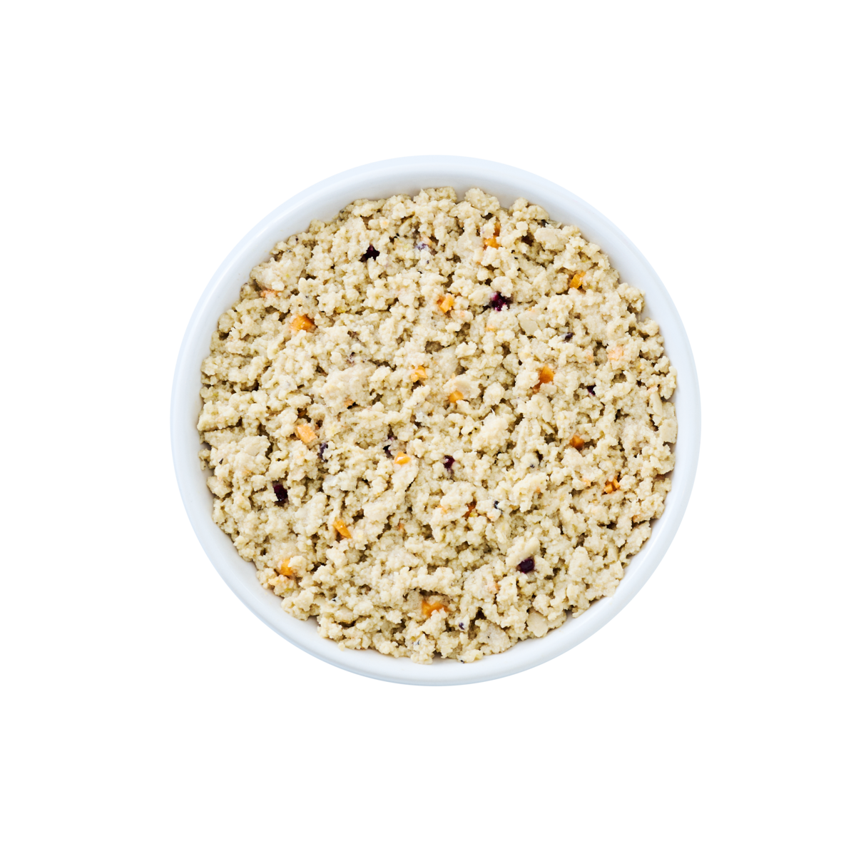 Top view of a white bowl filled with Wild Alaska pollock and pork minced cat food, showing a finely minced, crumbly texture with small visible ingredient pieces on a white background.