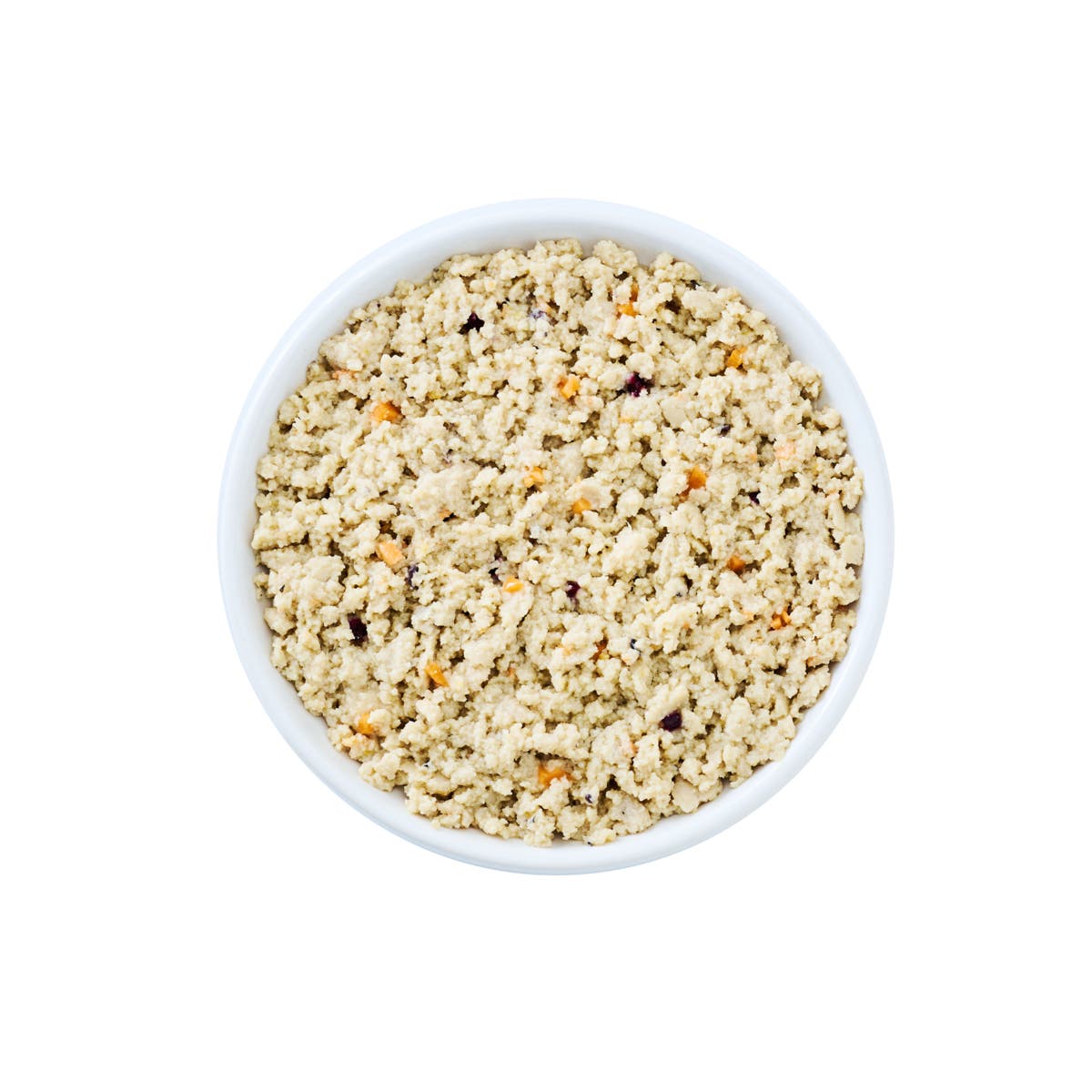 Top view of a white bowl filled with Wild Alaska pollock and pork minced cat food, showing a finely minced, crumbly texture with small visible ingredient pieces on a white background.