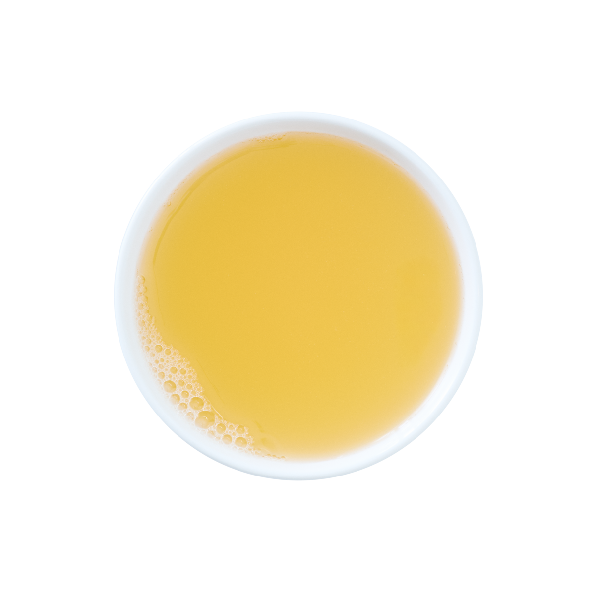 Top view of a white bowl filled with Wild Alaska salmon broth meal supplement, showing a clear, golden-colored liquid with a smooth surface on a white background.