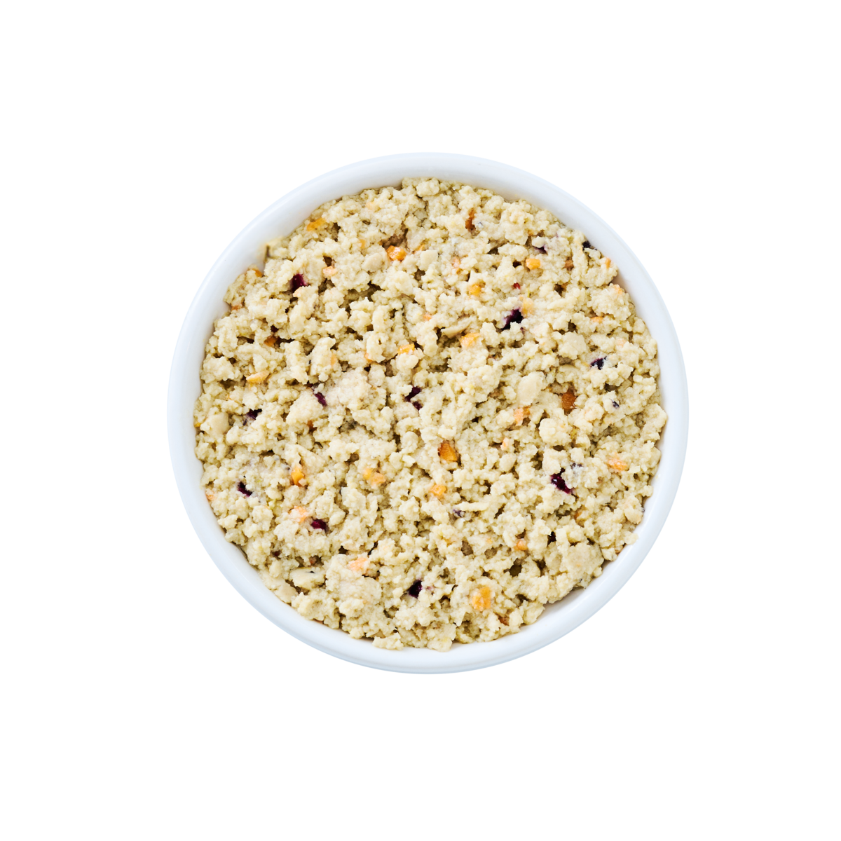Top view of a white bowl filled with Wild Alaska pollock and chicken minced cat food, featuring a finely minced, crumbly texture with small visible ingredient pieces on a white background.