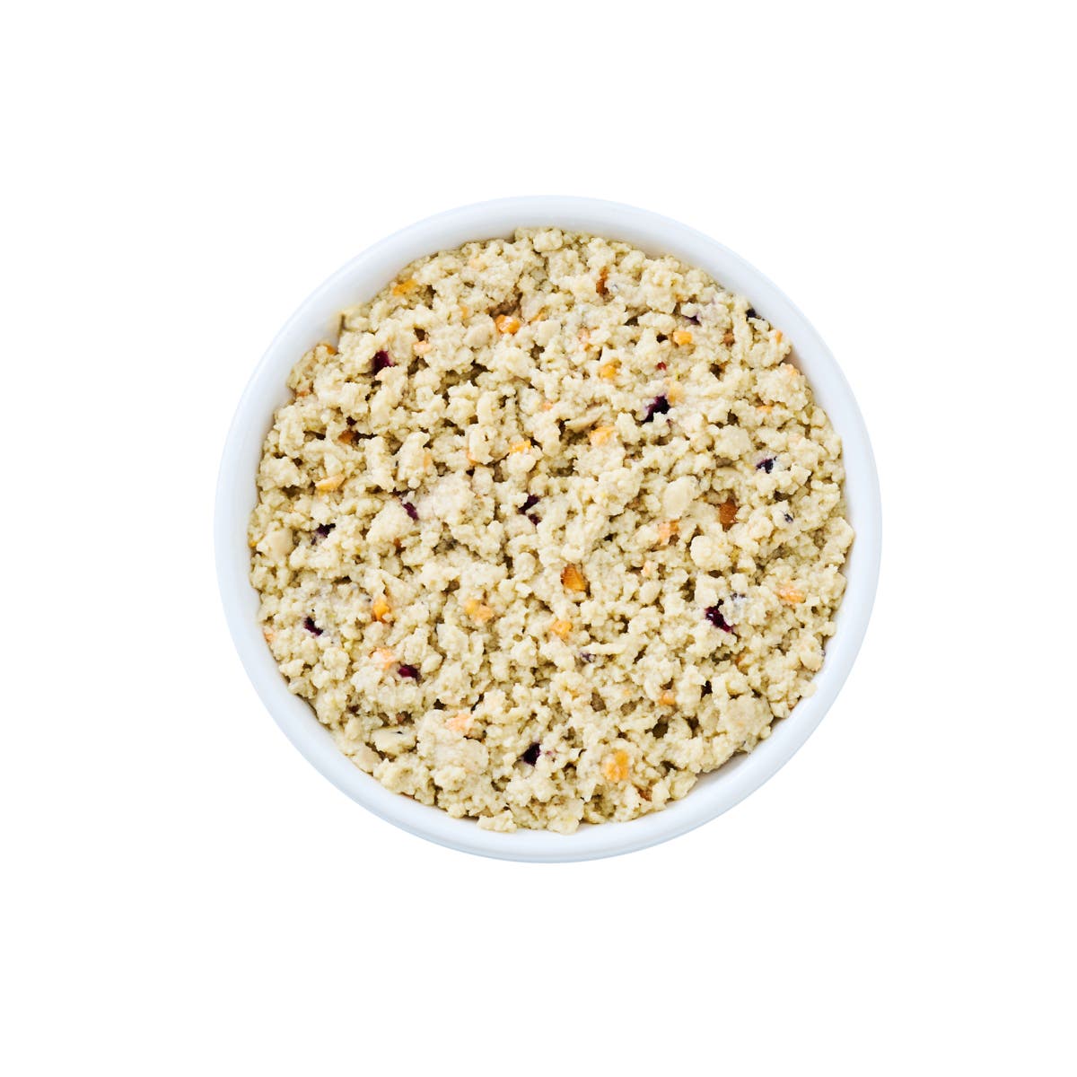 Top view of a white bowl filled with Wild Alaska pollock and chicken minced cat food, featuring a finely minced, crumbly texture with small visible ingredient pieces on a white background.