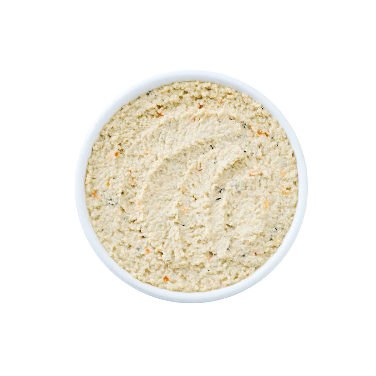 Top view of a white bowl filled with pale, smooth cat food paté made from Wild Alaska pollock and salmon on a white background.
