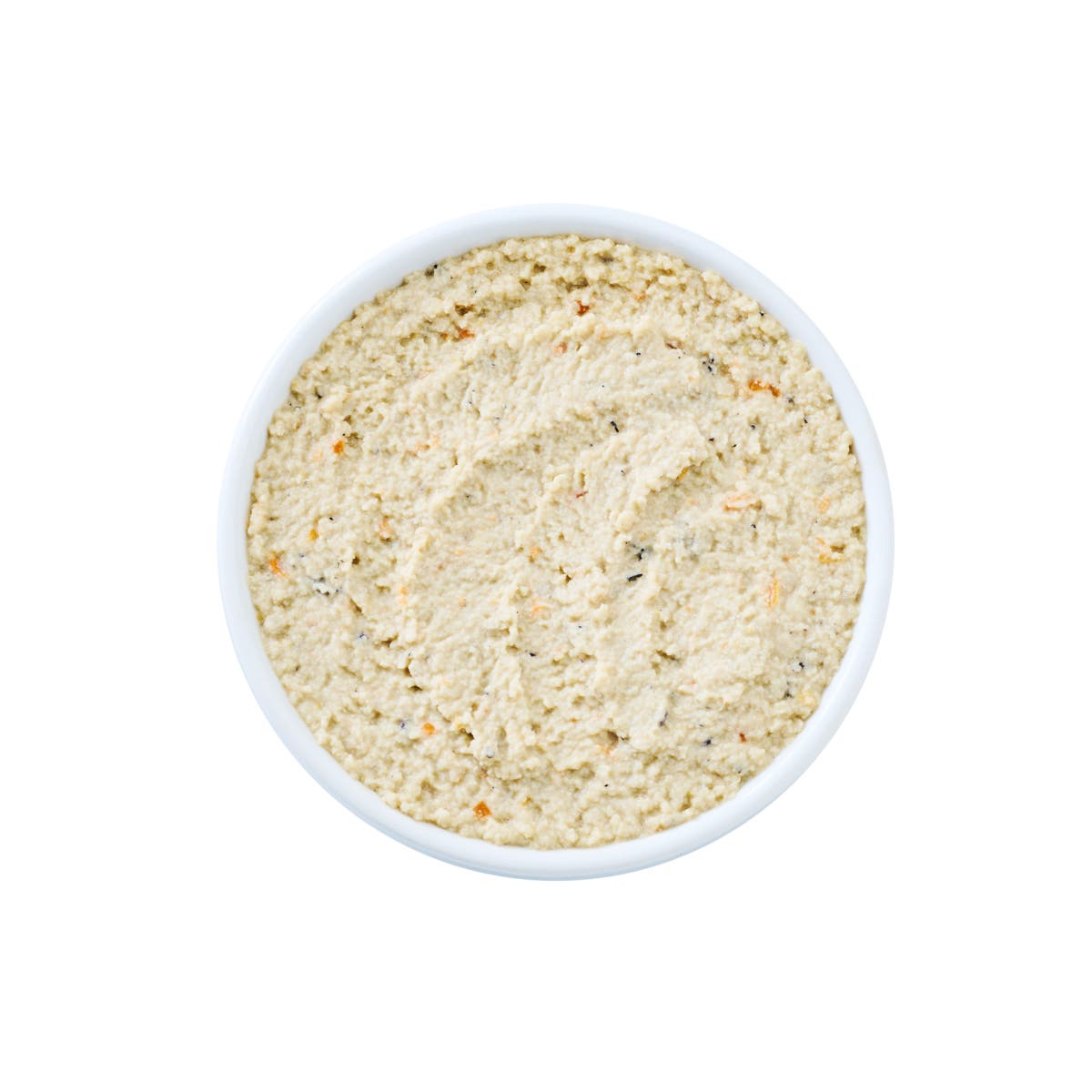 Top view of a white bowl filled with pale, smooth cat food paté made from Wild Alaska pollock and salmon on a white background.