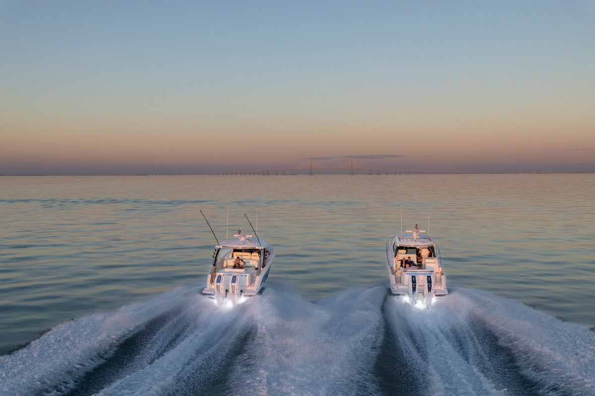Tiara Yachts 39 LE and 39 LS Running at Sunset