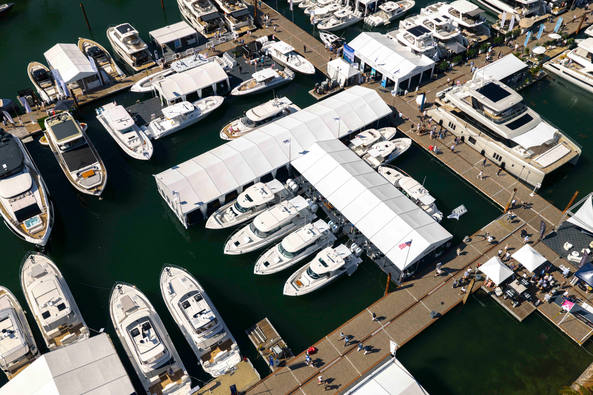 Aerial shot of Tiara booth on Collins Ave. at the 2026 Miami International Boat Show