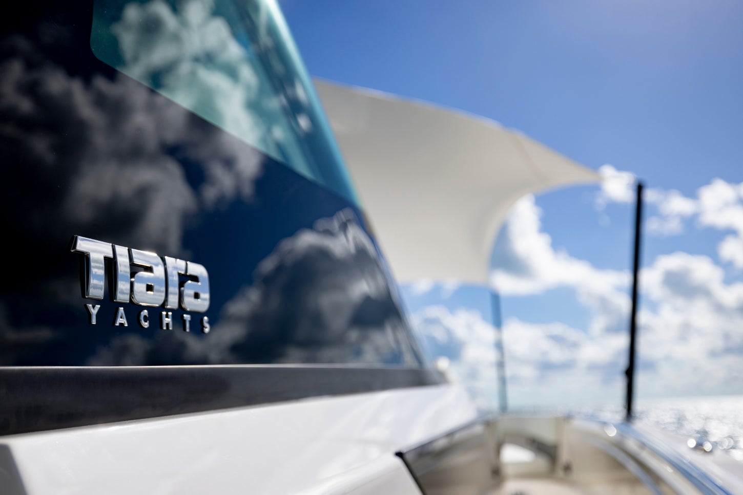 56 LS with Tiara Yachts logo and sunshade in view