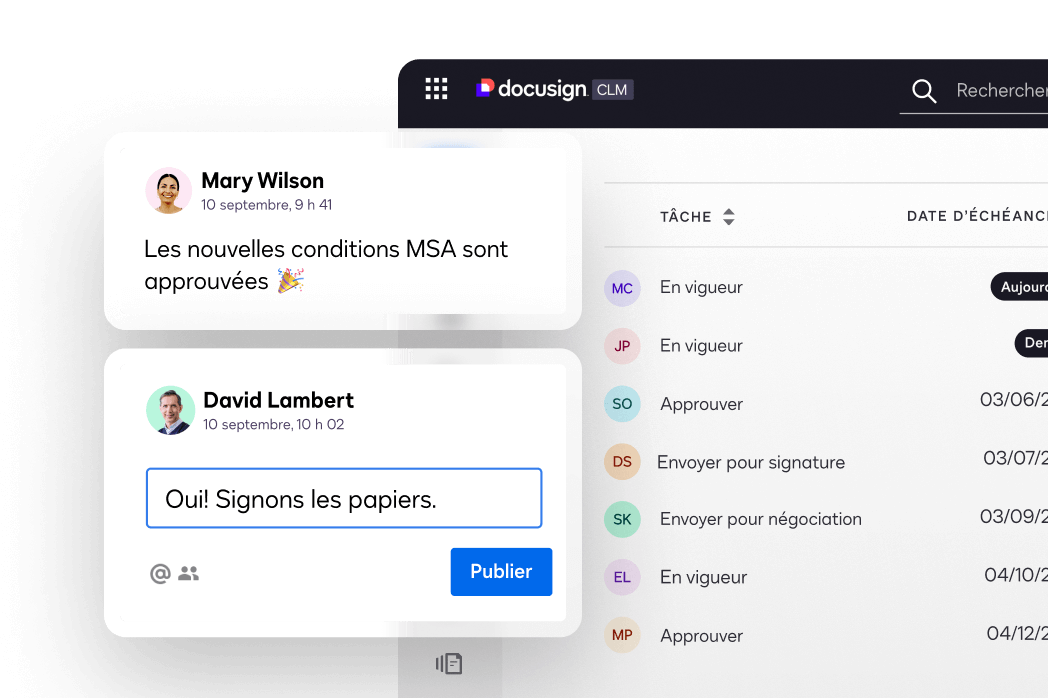 Interface utilisateur de Docusign CLM affichant des commentaires