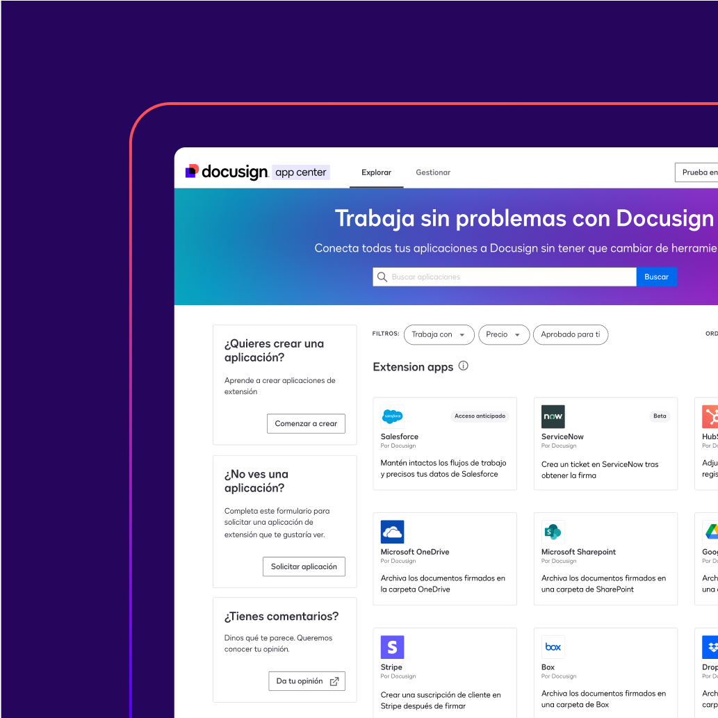 Screenshot of Docusign app center homepage featuring options to build apps, request apps, and provide feedback.