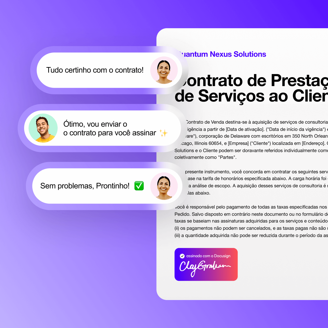 A imagem da interface do usuário do Docusign IAM para vendas mostra pessoas discutindo a assinatura de um contrato de serviços ao cliente.