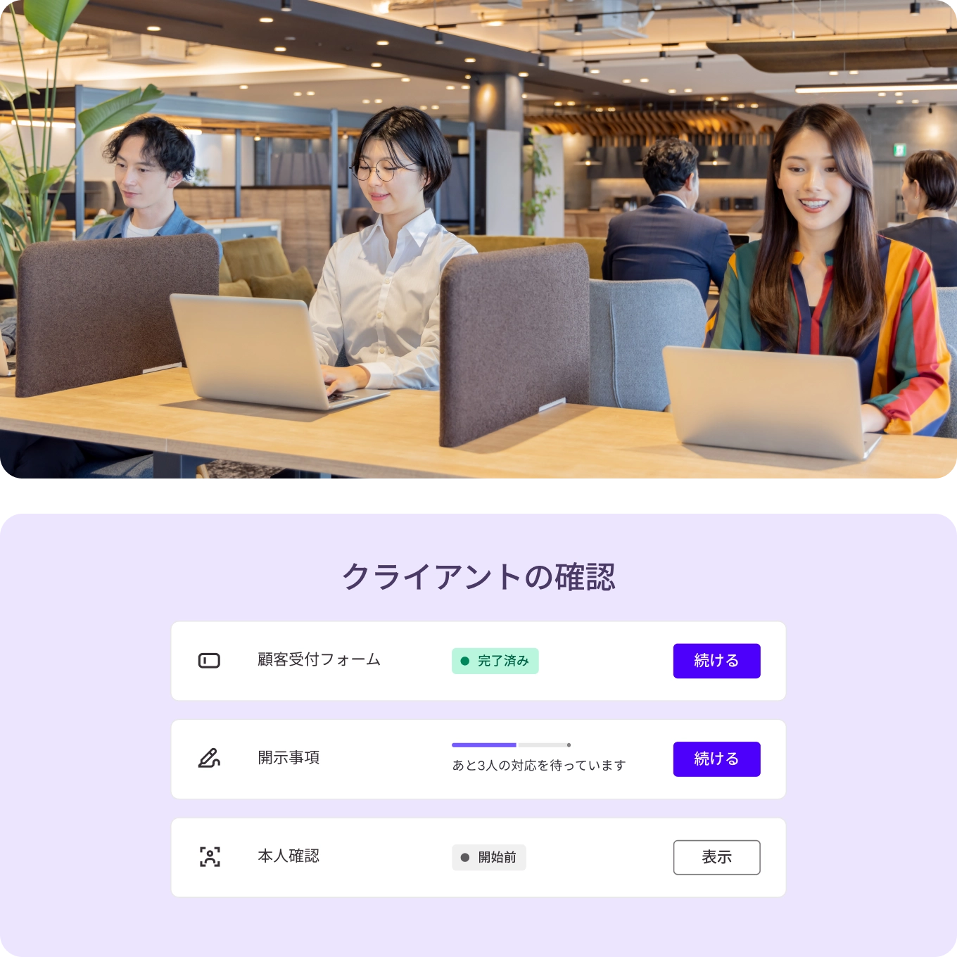 A group of professionals in a meeting above a digital checklist for client verification, representing the efficiency of agreement automation in modern business workflows.