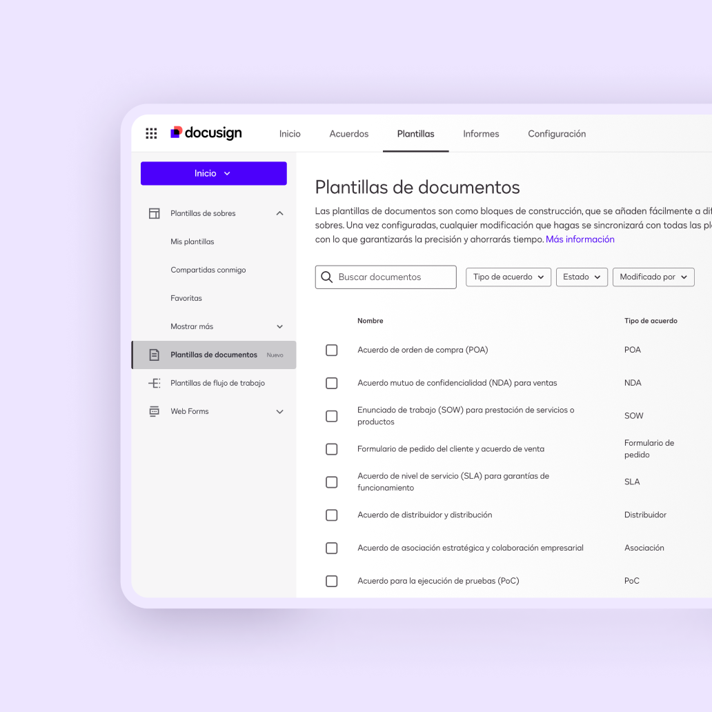 Interfaz de Preparación de Acuerdos de Docusign para gestionar plantillas de acuerdos
