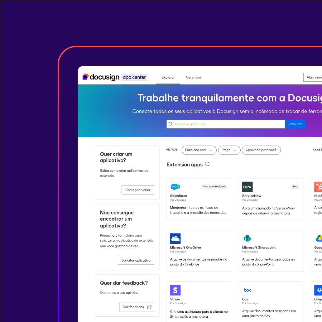 Screenshot of Docusign app center homepage featuring options to build apps, request apps, and provide feedback.