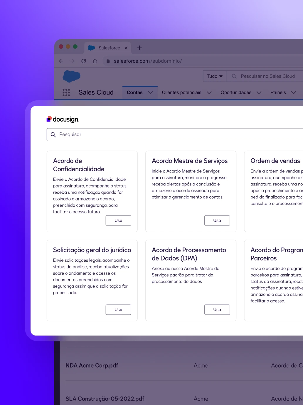 User interface showing Docusign templates that allow users to generate sales agreements in seconds.
