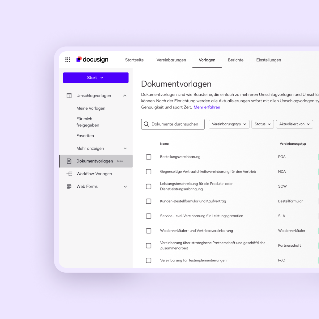 Docusign-Vorbereitungsbenutzeroberfläche für die Verwaltung von Vereinbarungsvorlagen