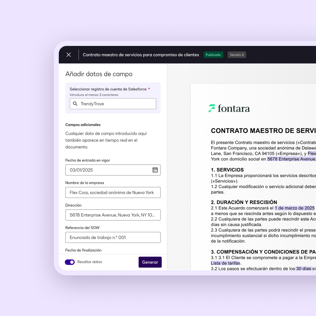 Interfaz de usuario de preparación de acuerdos de Docusign para agregar datos de campo