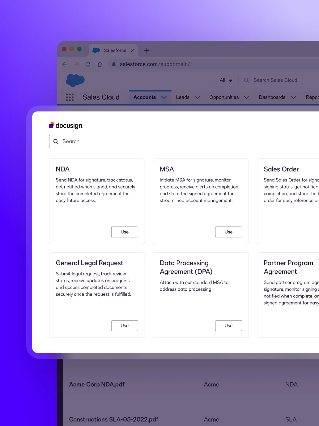 User interface showing Docusign templates that allow users to generate sales agreements in seconds.