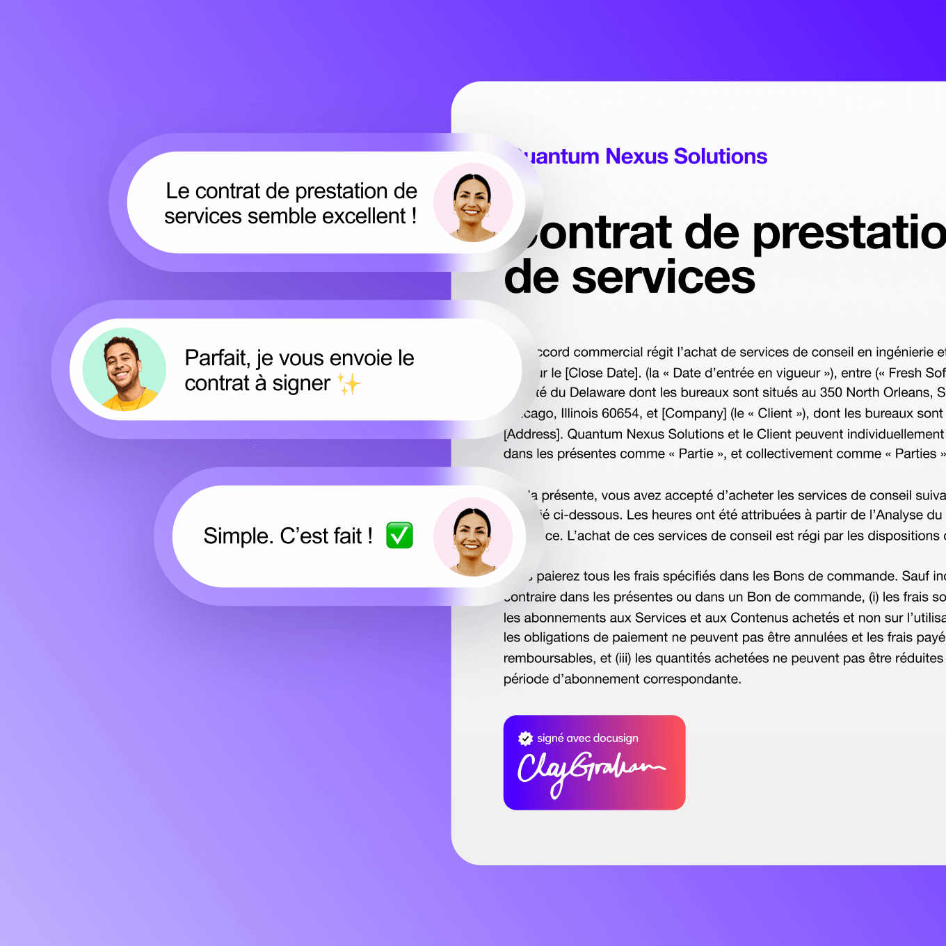 L'image de l'interface utilisateur Docusign IAM pour les ventes montre des personnes discutant de la signature d'un contrat de services client.