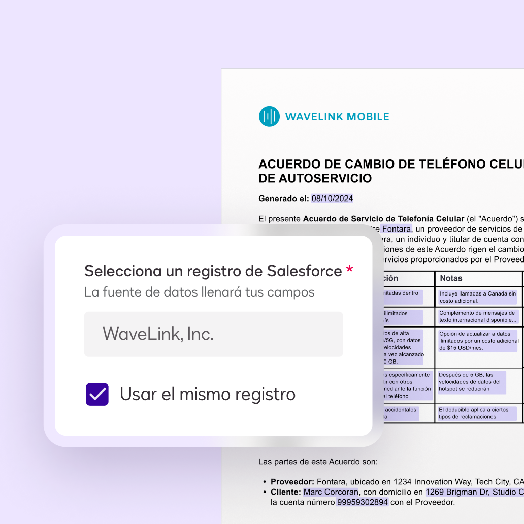 Interfaz de usuario de preparación de acuerdos de Docusign de un ticket de muestra
