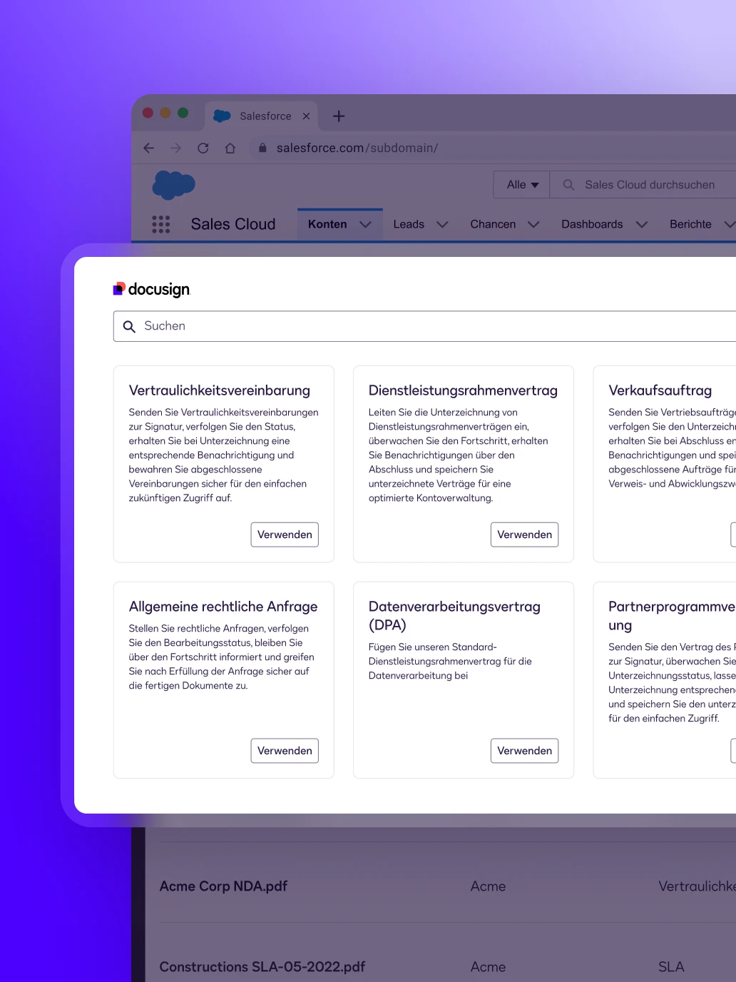 User interface showing Docusign templates that allow users to generate sales agreements in seconds.