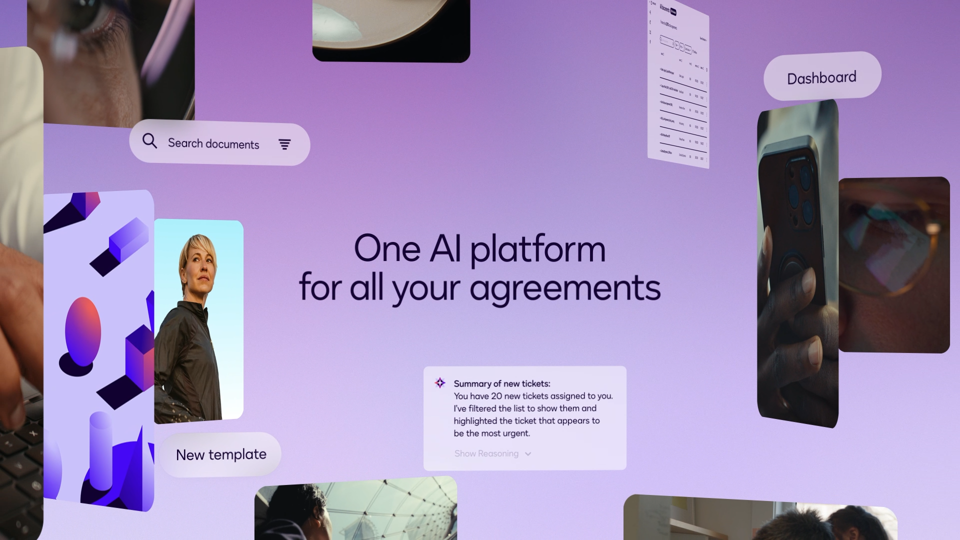 Collage of photos and screenshots depicting how Docusign IAM is the one AI platform you need for all your agreements.