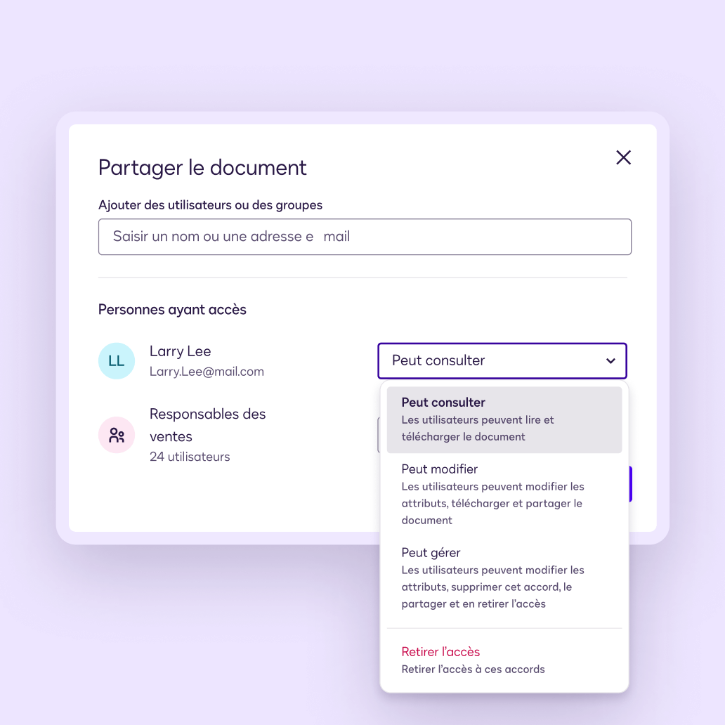 Un écran dans Docusign Navigator où l'utilisateur peut sélectionner un niveau d'accès à l'accord pour les autres.