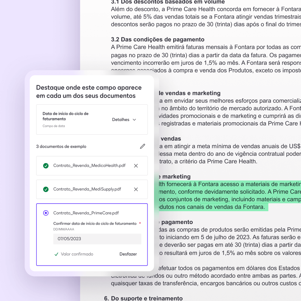 Uma tela no Docusign Navigator exibindo uma extração personalizada usando IA